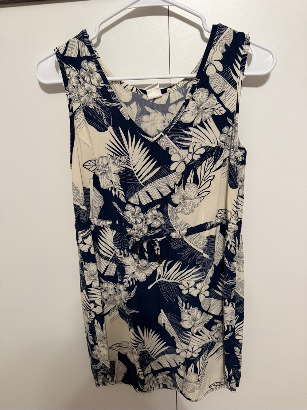 Sleeveless Navy and Cream Floral V-Neck Tank Dress with Drawstring